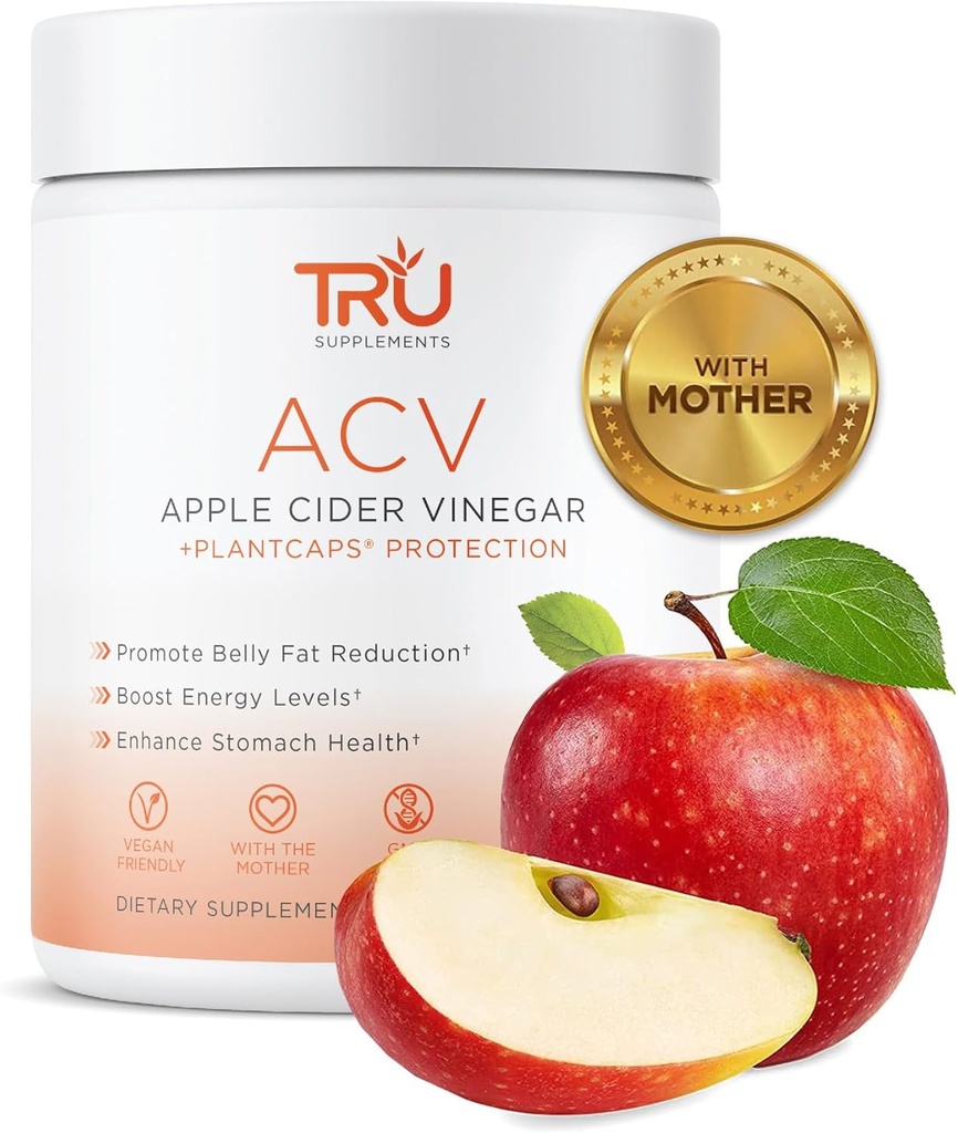 TRU는 ACV, Apple Cider Vinegar, 어머니를 가진 유기 ACV를 보충하고, 소화와 피부 건강을 개량합니다, 45의 서빙, 1000mg