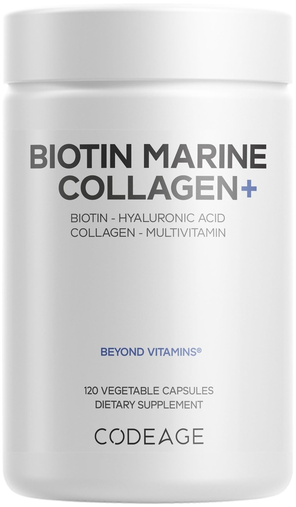 Codeage Biotin Marine Collagen Peptides - Wild-Caught Marine Collagen 유형 I & III, Biotin, 비타민 C & E, Hyaluronic 산, 아미노산, 과일 및 허브 혼합, 비 GMO - 120 캡슐