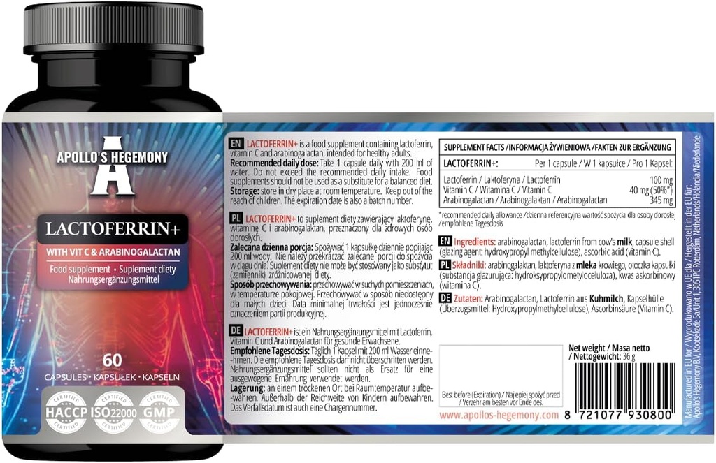 APOLLO의 HEGEMONY Lactoferrin + 100 mg - 비타민 C와 Arabinogalactan - 60 Vegan 캡슐 - 2 개월 공급 - 향상된 면역력과 철 흡수를위한