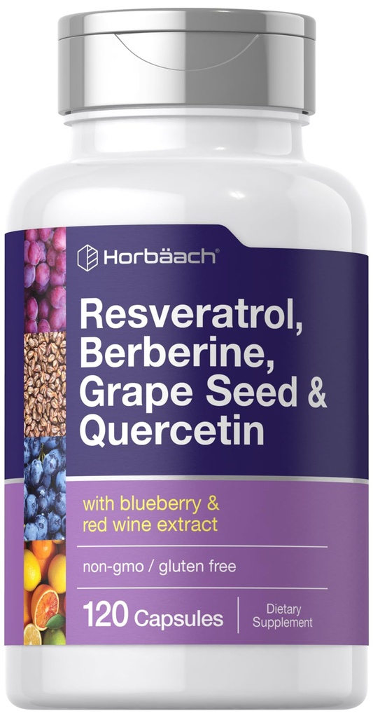 Horbäach Resveratrol Berberine 포도 씨앗 & Quercetin | 블루 베리 및 레드 와인 추출 | 120 캡슐 | 비 GMO, 글루텐 프리 & 채식 보충교재