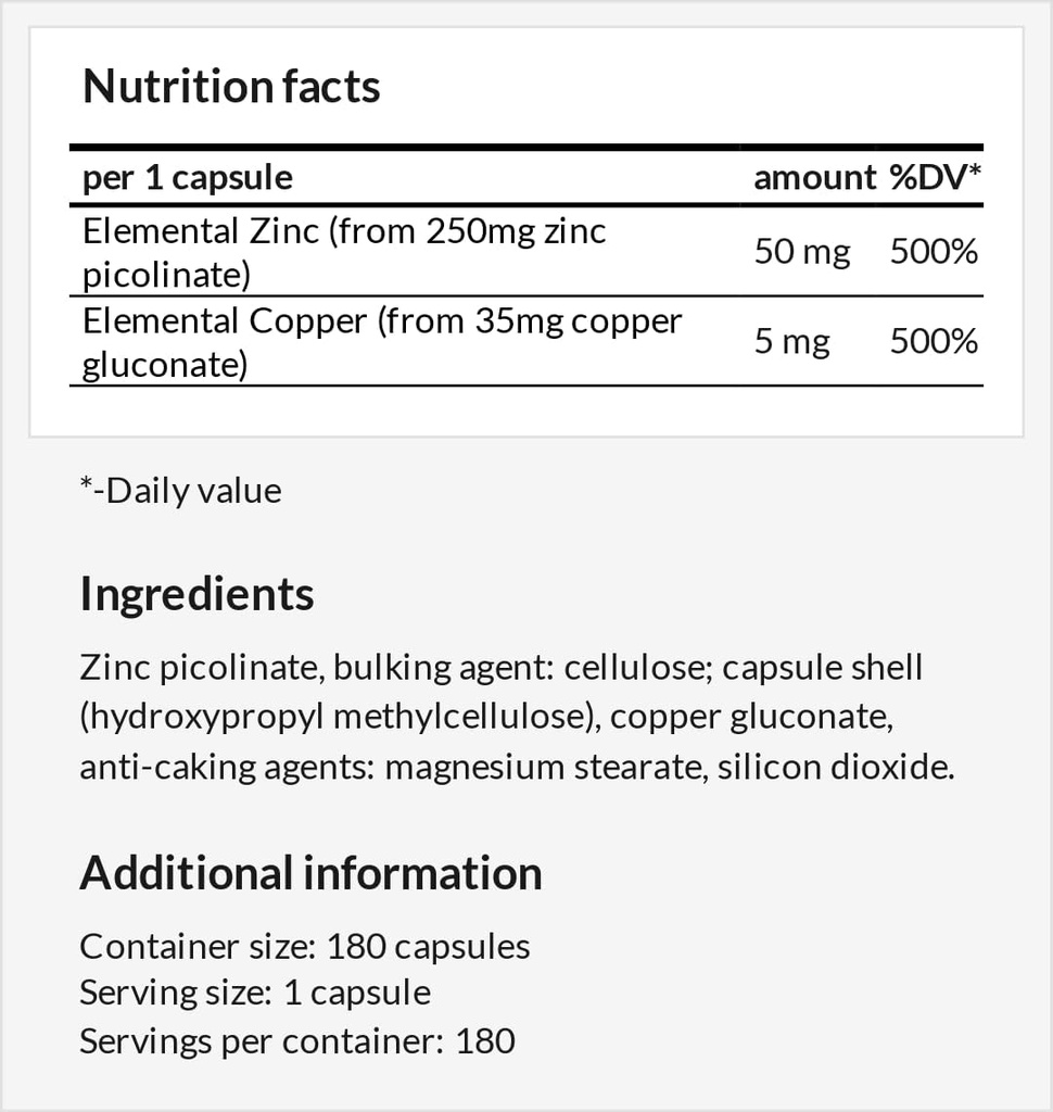 Z-Balance - 아연 50mg + 술장수 5mg - 180 Vegan 캡슐 - 6 개월 공급 - 아연 picolante 및 술장수 gluconate 건강한 머리, 피부 및 손톱 - Apollo 's Hegemony
