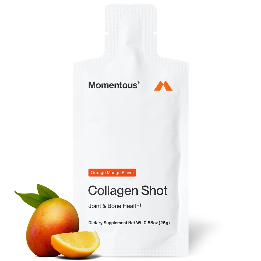Momentous Collagen Shot Supplement - Hydrolyzed Bovine Collagen & Vitamin C 지원 관절, 뼈, & 연결 조직 건강 - 스포츠 인증 NSF - 망고 오렌지 - 25g / 조각 - 15 서빙