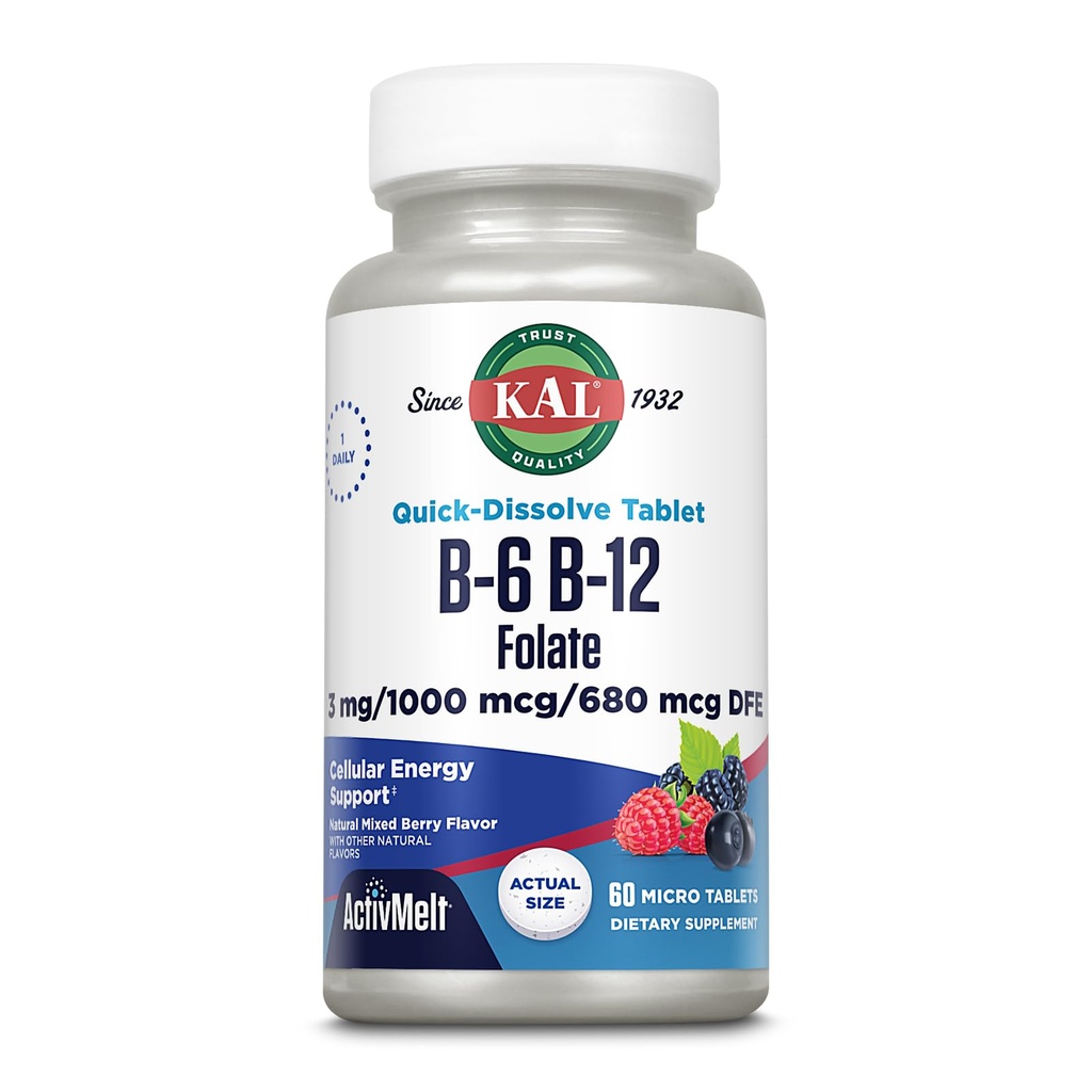 KAL 비타민 B-6, B-12 & Folic 산 보충교재, 심장 건강, 비타민 B12 Methylcobalamin & Folate, 자연적인 베리 풍미, 60의 서빙, 60 ActivMelt 마이크로 정제와 더불어 에너지 & 빨간 혈액 세포 지원*,