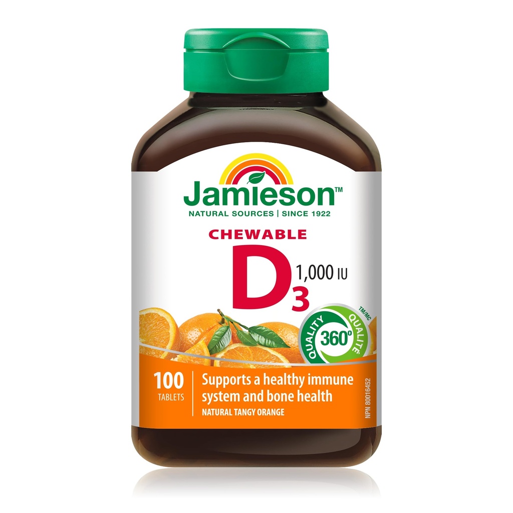 Jamieson 자연적인 Tangy 오렌지 Chewable 비타민 D 1000IU 100 정제