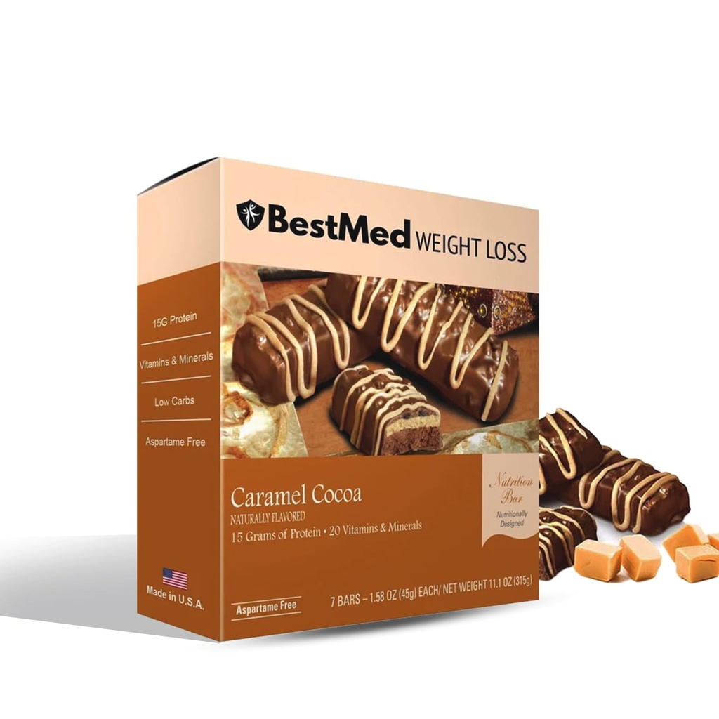 BestMed - 고단백 영양 막대기 - 저탄소, 15g 단백질, 낮은 설탕, 높은 섬유, 낮은 칼로리, 식사 보충 막대기 (카라멜 코코아, 1개의 상자 - 7 조사)