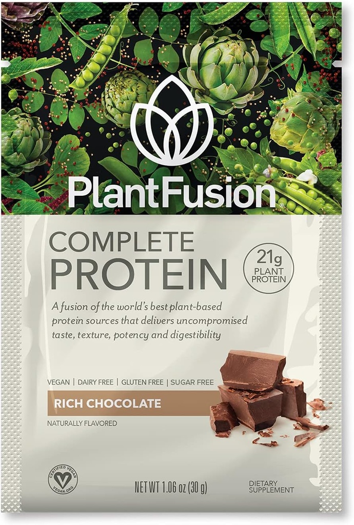 PlantFusion Complete Vegan Protein Powder - BCAA, Digestive Enzymes 및 Pea Protein이있는 식물 기반 단백질 분말 - Keto, Gluten Free, Soy Free, Non-Dairy, No Sugar, Non-GMO - 12의 초콜릿 팩
