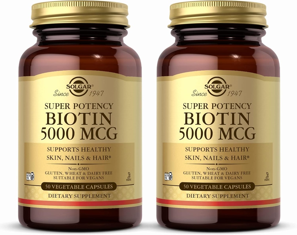 Solgar Biotin 5000 mcg - 50 식물성 캡슐, 2 팩 - 건강한 피부, 손톱 및 헤어 - 비 GMO, Vegan, 글루텐 무료, Dairy 무료, Kosher - 100 총 서빙