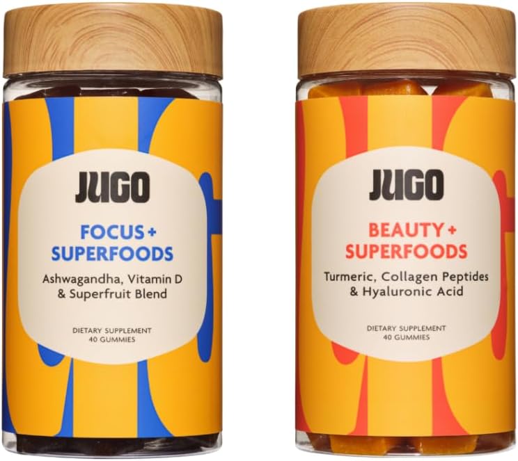 JUGO Beauty + Focus Gummies 번들 - Ashwagandha, Collagen & Biotin - 초점, 스트레스 완화, 헤어, 피부 및 손톱 지원 - 식물 기반, 글루텐 프리