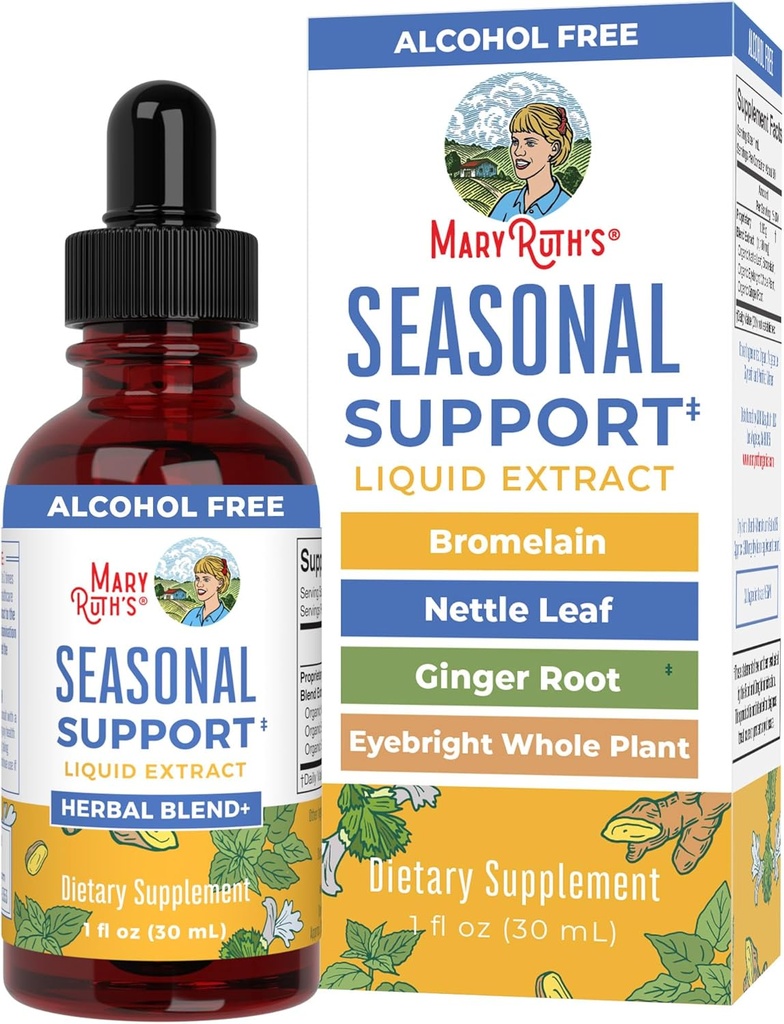 MaryRuth Organics Seasonal Support Liquid Extract 초본 혼합 생강 뿌리 | Bromelain | Organic Nettle Leaf | 4 Herbal Blend | 전통 허브 | Non-GMO | Vegan | 글루텐 프리 | 1 Fl Oz