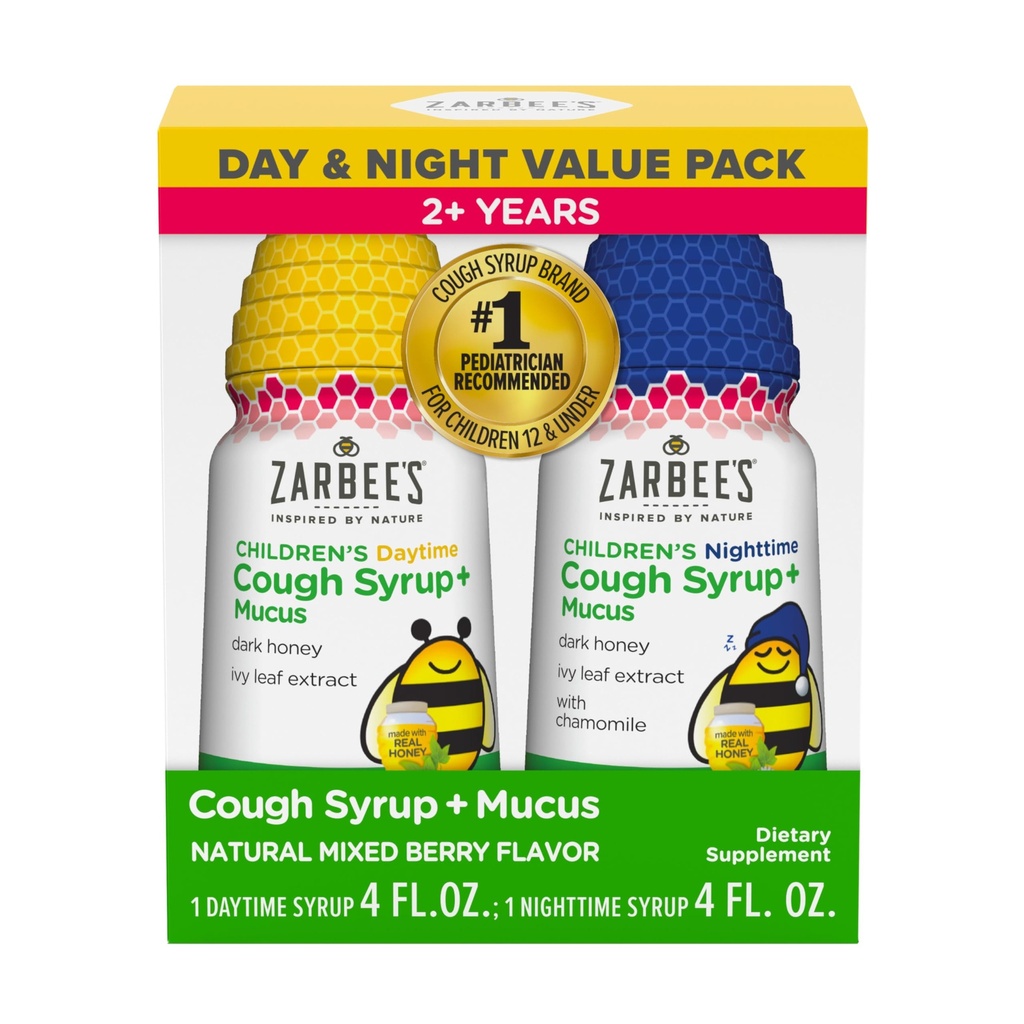 Zarbee's Children’s Honey Cough Syrup + Mucus Day & Night Value Pack, Daytime & Nighttime Toddler Cough Syrup, Dark Honey, Ivy Leaf Extract, Chamomile, 혼합 Berry 맛, 2X 4 Fl Oz