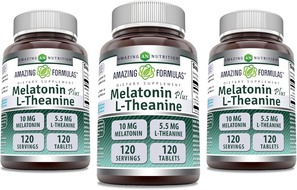 Amazing Formulas Melatonin 10 Mg Plus L-Theanine 5.5 Mg 보충교재 | 120의 정제 | Non-GMO | 글루텐 프리 | 미국에서 제작 | 팩 3