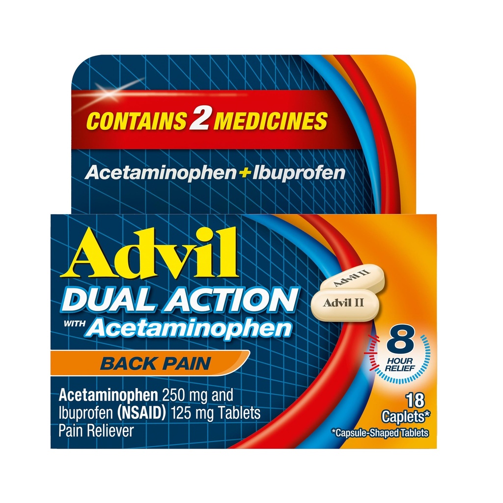 Advil 이중 활동 뒤 고통 작은 구멍은 250mg Ibuprofen를 전달하고 뒤 고통 구호의 8 시간 동안 복용량 당 500mg Acetaminophen - 18 조사