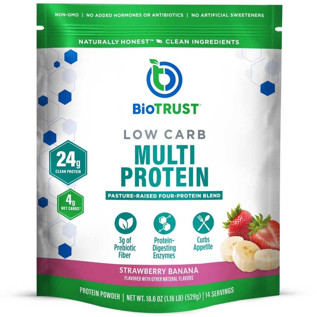 BioTrust Low Carb Protein Powder – Grass-Fed Hormone Free Cows에서 맛있는 Whey & Casein 혼합 – 비 GMO, 글루텐 무료 (Strawberry Banana)