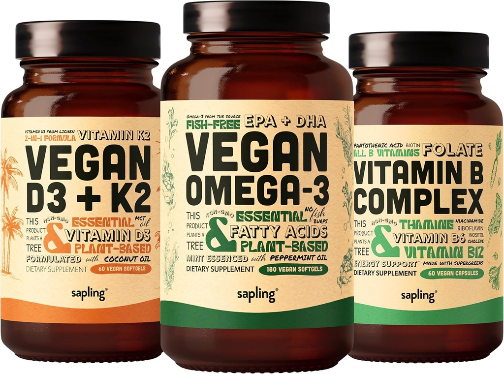 Vegan 오메가 3 180 Softgels & Vegan D3 + K2 & 비타민 B 복합 번들 - 식물 기반 DHA 및 EPA 지방산, 4000 IU 비타민 D3 및 100mcg 비타민 K2, 필수 B 비타민