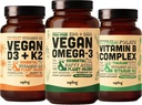 Vegan 오메가 3 180 Softgels & Vegan D3 + K2 & 비타민 B 복합 번들 - 식물 기반 DHA 및 EPA 지방산, 4000 IU 비타민 D3 및 100mcg 비타민 K2, 필수 B 비타민