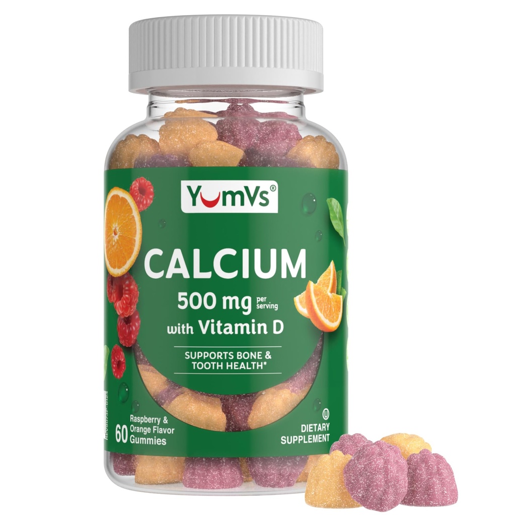YumVs 칼슘 500mg 비타민 D3 - 라즈베리 & 오렌지 맛 칼슘 비타민 D Gummies, 아이 & 성인, 비타민 D 칼슘 Gummies, 코셔 할랄 글루텐 무료 (60 개)