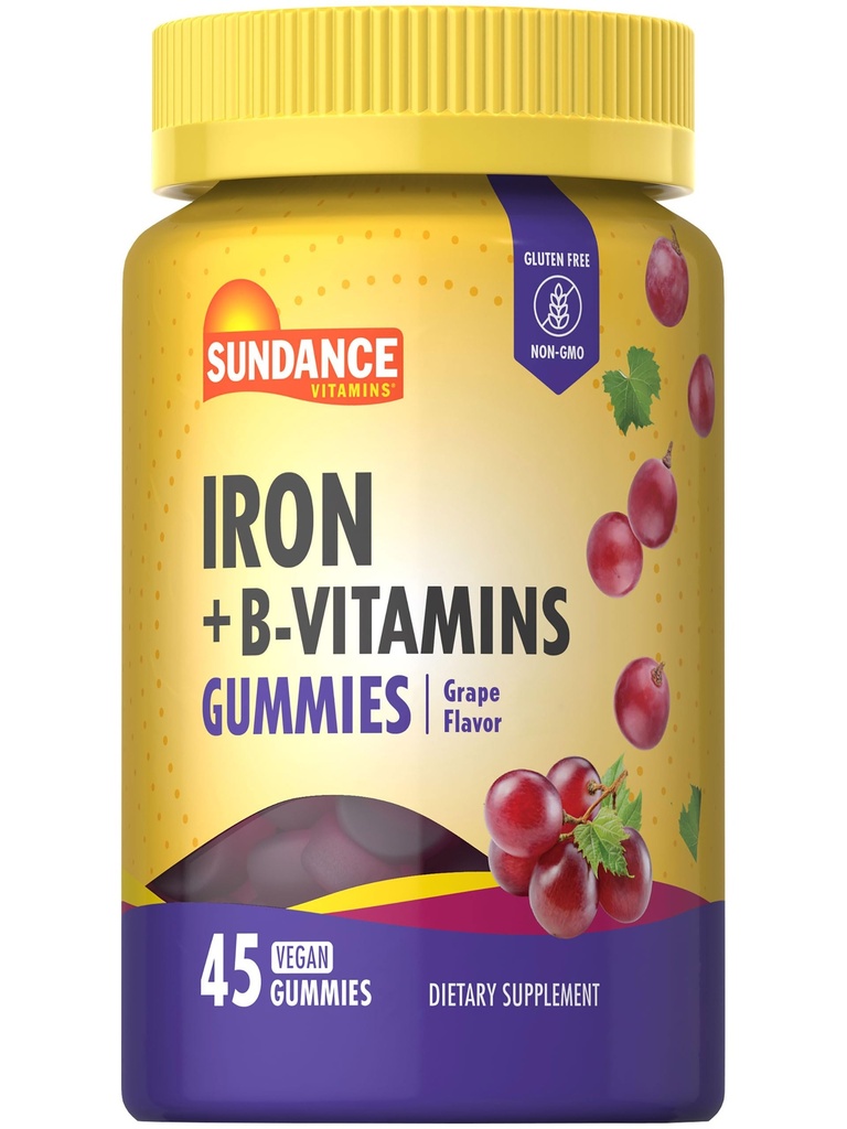 Sundance Iron Gummies | Plus B-Vitamin | 45 Vegan Gummies | 포도 맛 | Vegan, Non-GMO, 글루텐 무료 보충