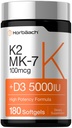 Horbäach 비타민 D3 K2 5000 iu | 100mcg MK-7 Complex | 180 Softgel 캡슐 | 비 GMO 및 글루텐 무료 보충