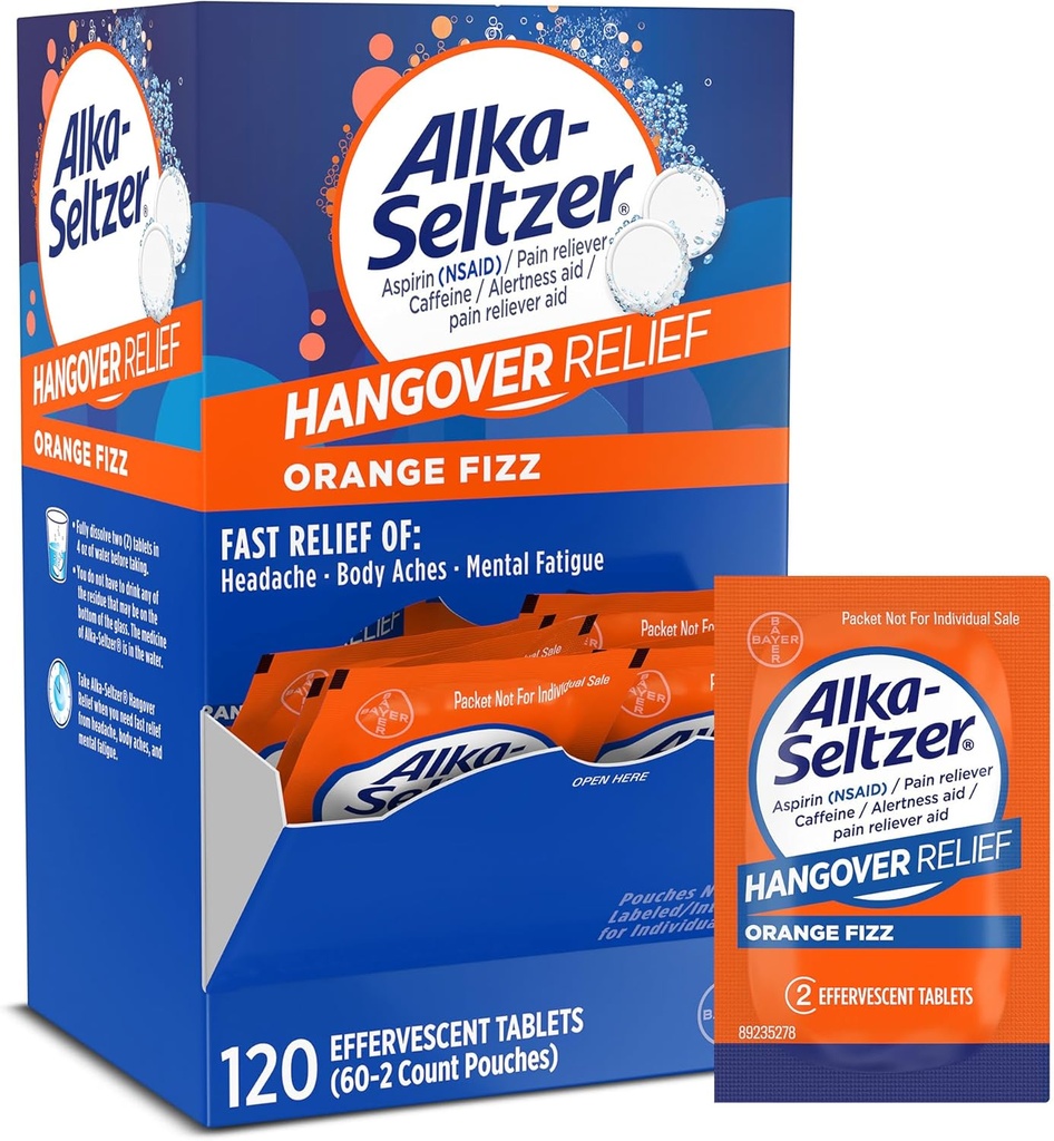 Alka-Seltzer Hangover 기복 정제, 빠른 기복은 약 15 분에 있는 두통, 몸 Aches & 정신 피로, Bachelorette 당 & 학사 당, 분배기 팩, 120 조사를 위한 분 시작합니다