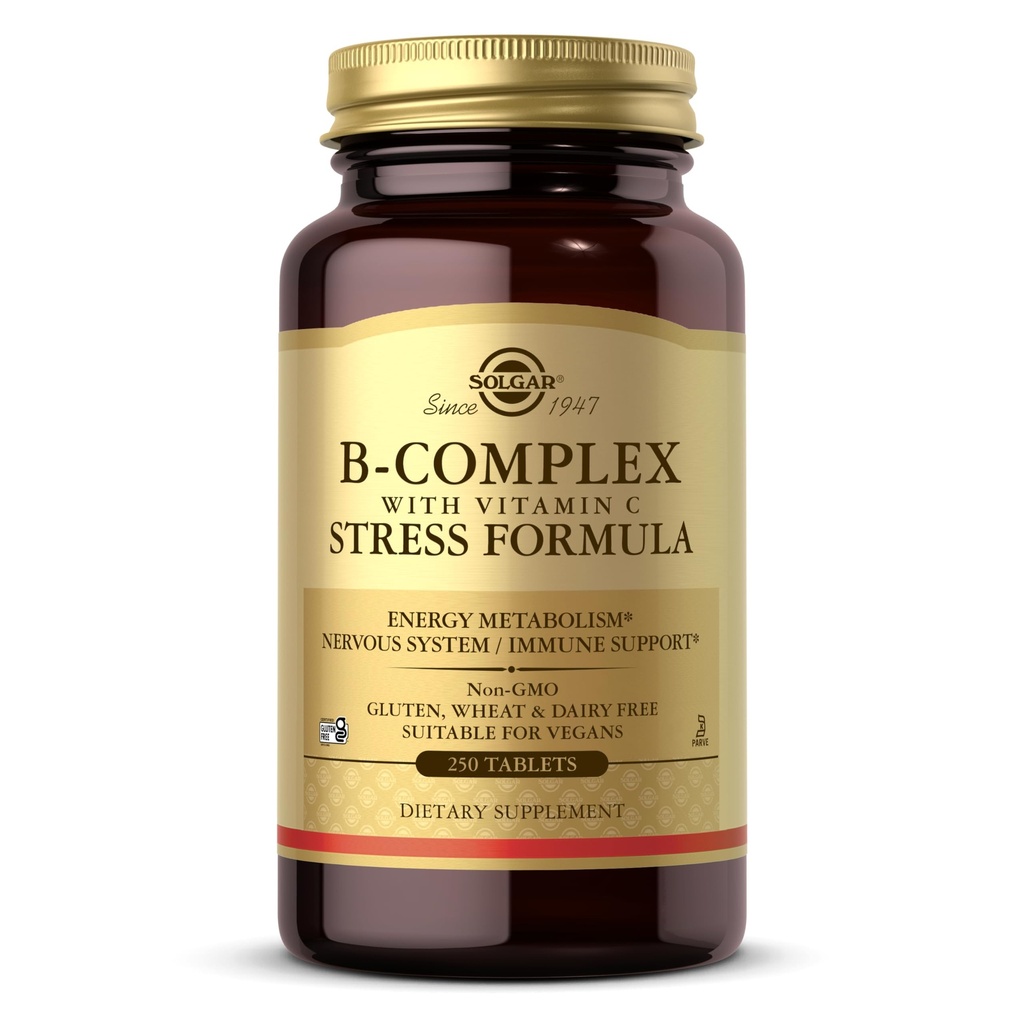 Solgar B-Complex 비타민 C 스트레스 포뮬러, 250 정제 - 에너지 대사, 신경 시스템 및 면역 지원 - 비 GMO, Vegan, 글루텐 무료, Dairy 무료, Kosher - 125 서빙