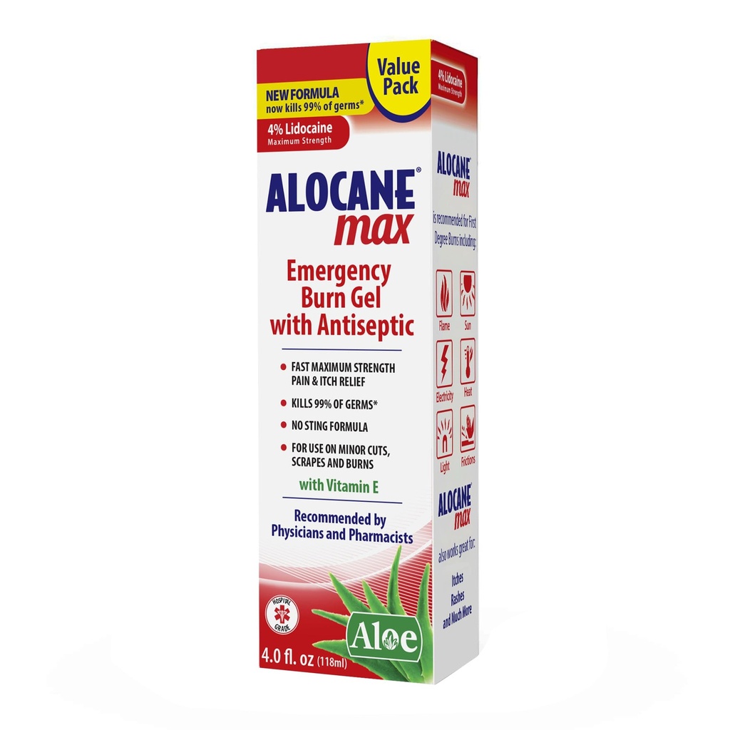 Alocane 최대 비상사태 화상 젤, 4% 리도카인 염산염, .13% Benzalkonium 염화물, 최대 힘 기복, Sunburns, 부엌, 방사선 조사, 화학물질, 첫번째 degree 화상, 4 Fl Oz를 위한 이차 기복