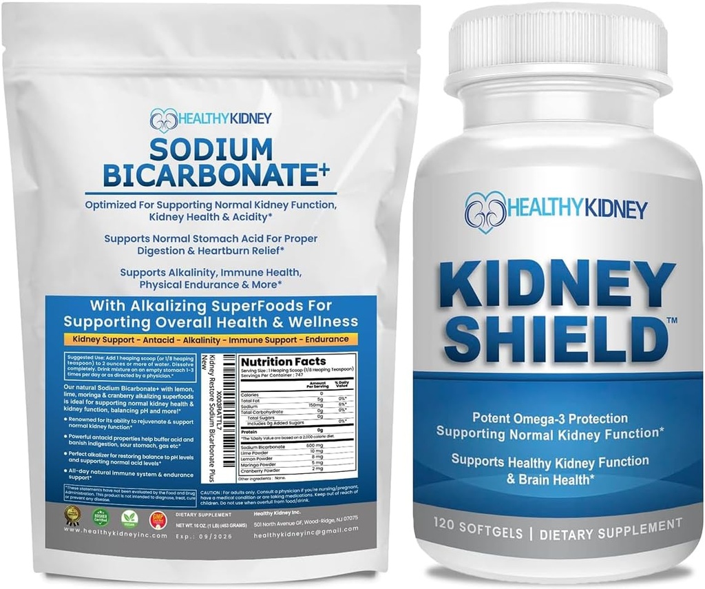 유기 나트륨 중탄산염 알칼리 보충교재 뭉치: 알칼리성, 산성 Neutralizer & Kidney 지원을 위한 2LB 분말 + 120의 모자 Kidney 방패, Cleanse & Omega 3 지원