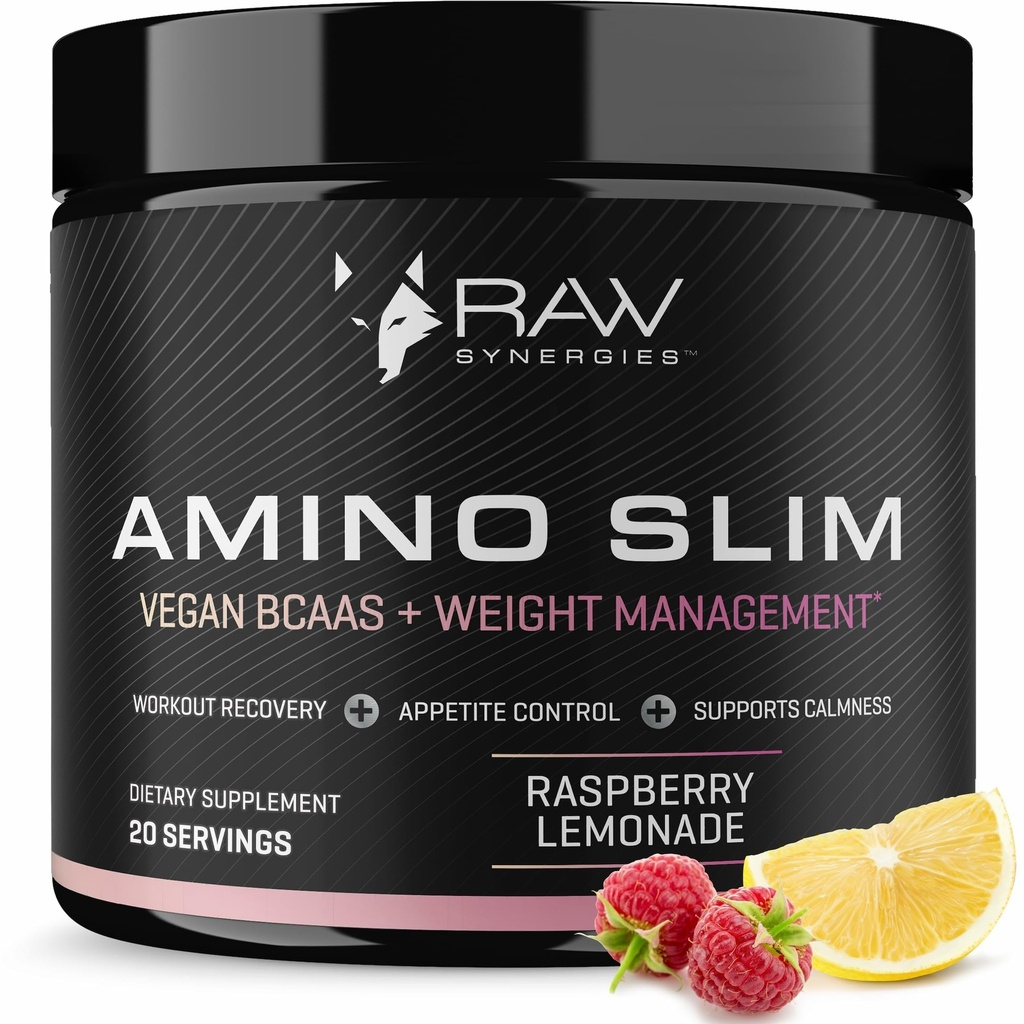 RAW Synergies Amino Slim - Metabolic & Mindful Eating Support - 근육 및 에너지 지원 - Sugar-Free & Vegan - Raspberry Lemonade - 20 서빙