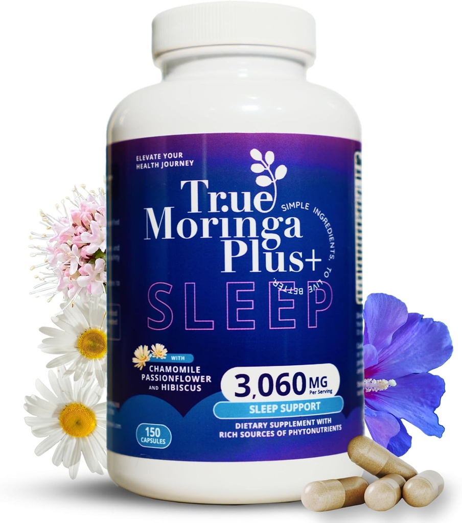 True Moringa Plus + 수면 지원 보충 10 : 1 추출물 | 유기농 모링가 20,000mg, Chamomile, Passion Flower, Valerian Root, Hibiscus for Relaxation | 성인용 자연 수면 보조 (150 캡슐)