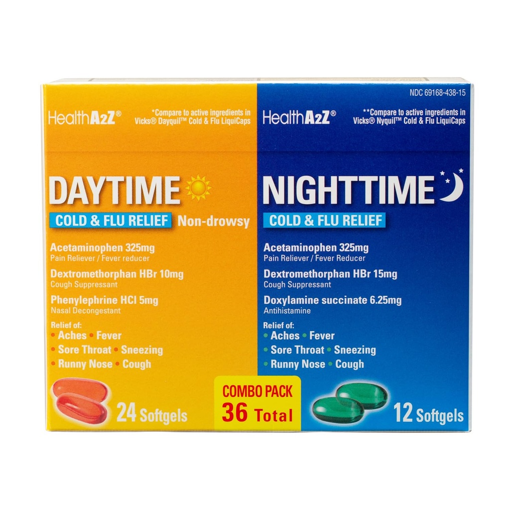 HealthA2Z® Daytime and Nighttime | Cold & Flu Medicine | 강력한 멀티 스톰톰 주간 및 야간 구호 (24 Daytime & 12 Nighttime Softgels) (일회 및 야간 콤보 (36 카운트 팩 1))