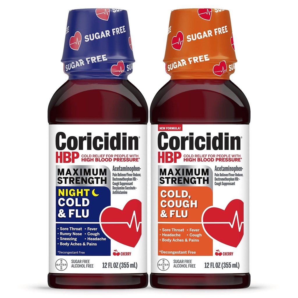 Coricidin HBP 최대 힘 찬 & 유출 일 & 밤 설탕 자유로운 액체 Twinpack, 고혈압을 가진 성인을 위한 Decongestant 자유로운 찬 약 -12 Fl Oz (포장 2)