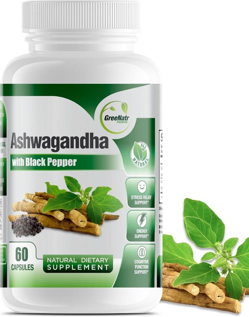 GreeNatr 유기 Ashwagandha 캡슐은 강화한 흡수를 위한 까만 고추를 가진 - 에너지와 Cognitive 기능 - 1300 mg Veggie 캡슐 (1개의 병)를 가진 계류 증강 인자