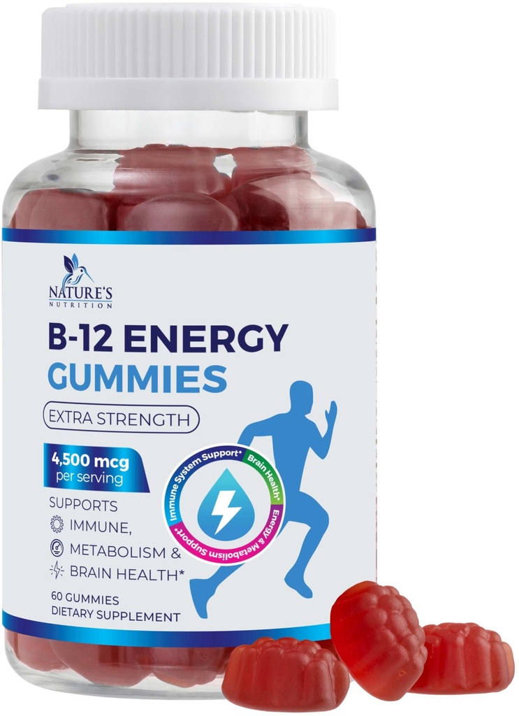 B-12 비타민 에너지 Gummies 4500mcg - 에너지 대사 & 면역 지원을 위한 여분 힘 B12 거미 Chewable - 여자, 남자, & 아이를 위한 규정식 보충교재 - 비 GMO, 채식주의자, 베리 풍미 - 60 조사