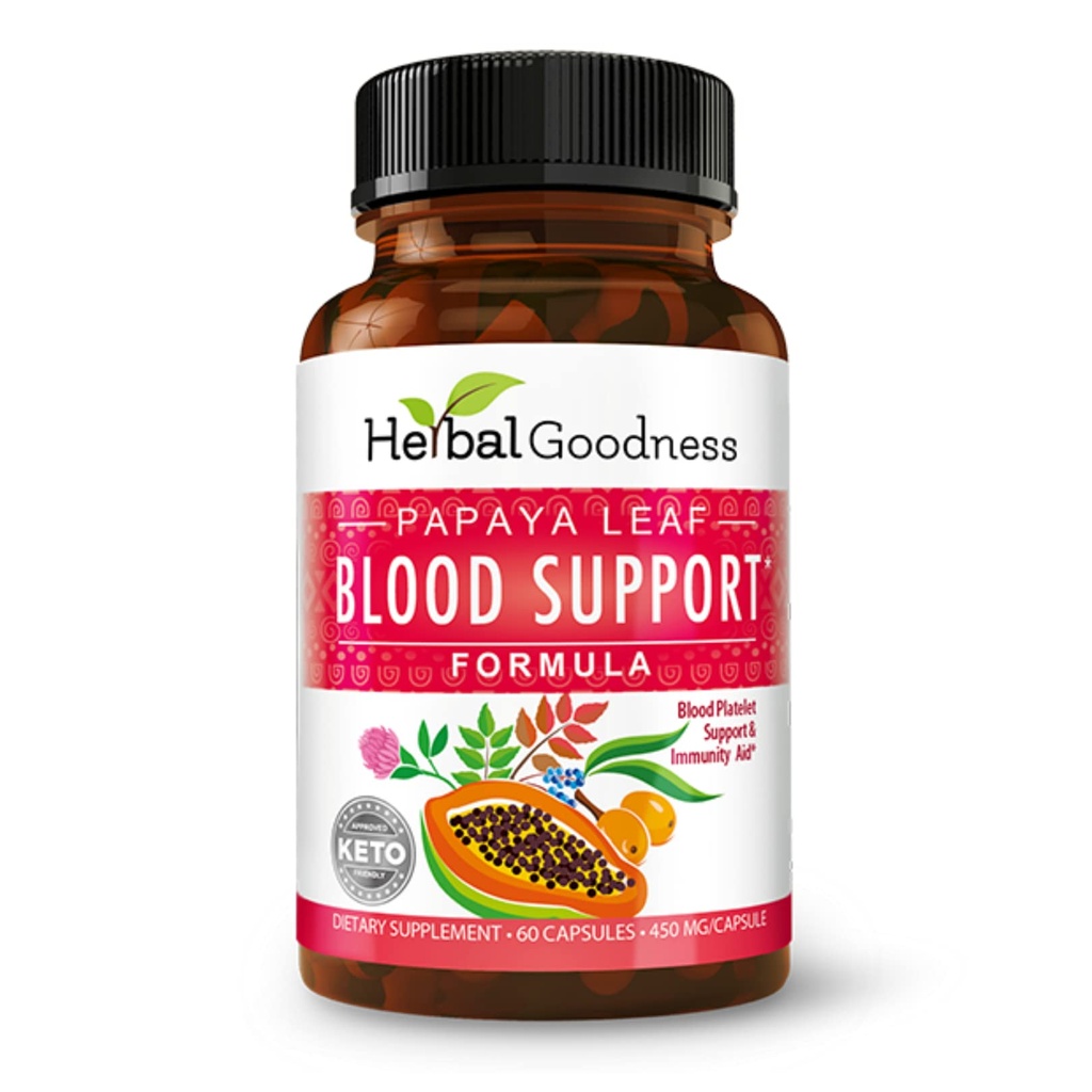 초본 Goodness Papaya 잎 혈액 지원 캡슐 - 플래튼 & 뼈 화환 건강, 면역력 지원 & 혈액 정화 - 60/450mg Veggie 캡슐 (1 병)