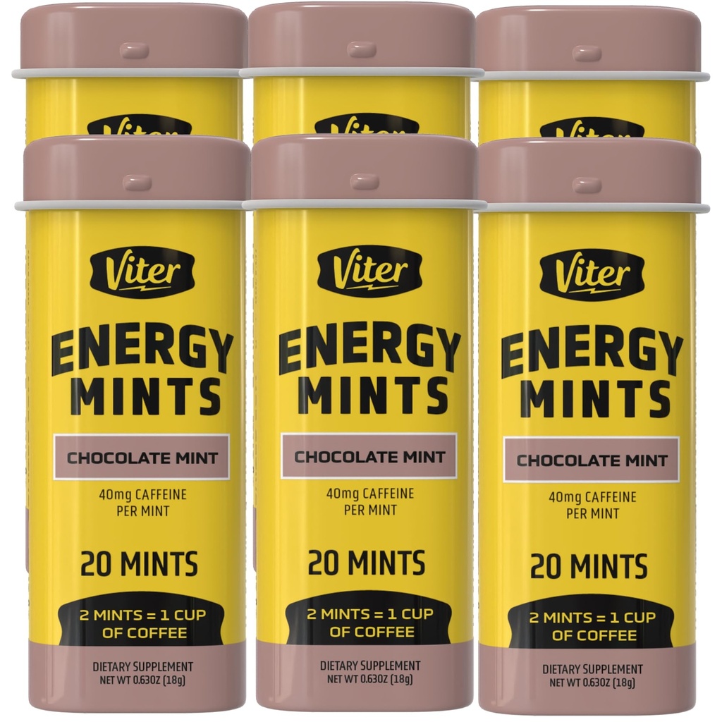Viter 에너지는 민트 40mg 카페인, B 비타민, 설탕을 해방합니다. (Chocolate Mint, 20pcs, 6 팩)