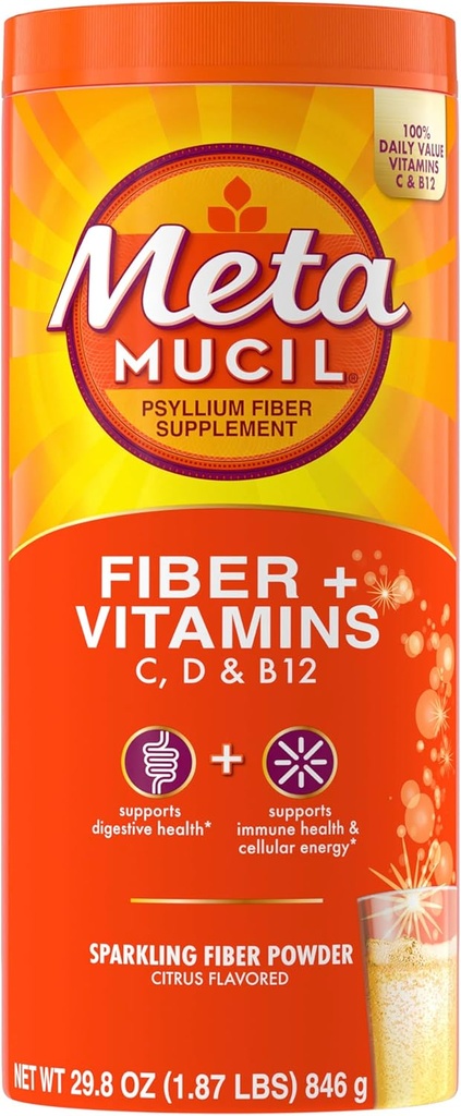 Metamucil Sparkling 섬유 보충교재 + 비타민, 비타민 C, D & B12, 소화 건강을 위한 매일 섬유 보충교재, 감귤류, 설탕 자유로운, 90의 서빙을 가진 식물에 근거한 심리학 Husk 분말