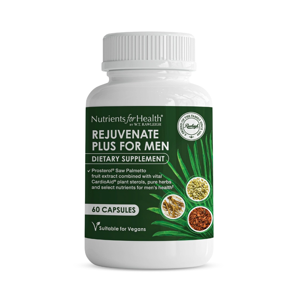 남성용 Rawleigh Rejuvenate Plus : 60 Vegan 캡슐 | 고기능 320mg Saw Palmetto | 호박 씨앗, Pygeum Bark | 식물 스테롤, Lycopene & Rosemary | 전립선 건강 지원 보충교재