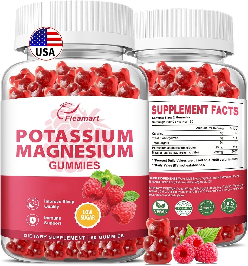 칼륨 마그네슘 마그네슘 Gummies 칼륨 구연산염 99mg 마그네슘 Citrate 250mg 마그네슘 Potassium Complex 보충교재, Immune 지원, 60의 라즈베리 Gummies 2 팩
