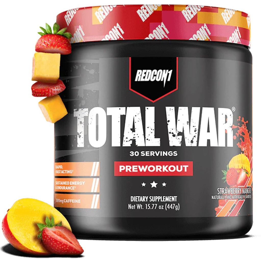 REDCON1 Total War Pre Workout, Strawberry Mango - L Citrulline, Malic Acid, 여성 및 남성을위한 Green Tea Leaf Extract - 3.2g Beta Alanine - 배출 감소, 30 서빙