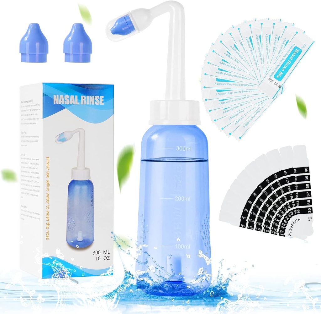 URAQT Neti Pot, Nasal Rinse Kit Nose Wash Cleaner, 20 Nasal Wash Salt Packets 및 10 Thermometer 스티커가있는 300ml Sinus Rinse Bottle, 성인 및 Kid BPA 무료 압력 Rinse Nasal Irrigation