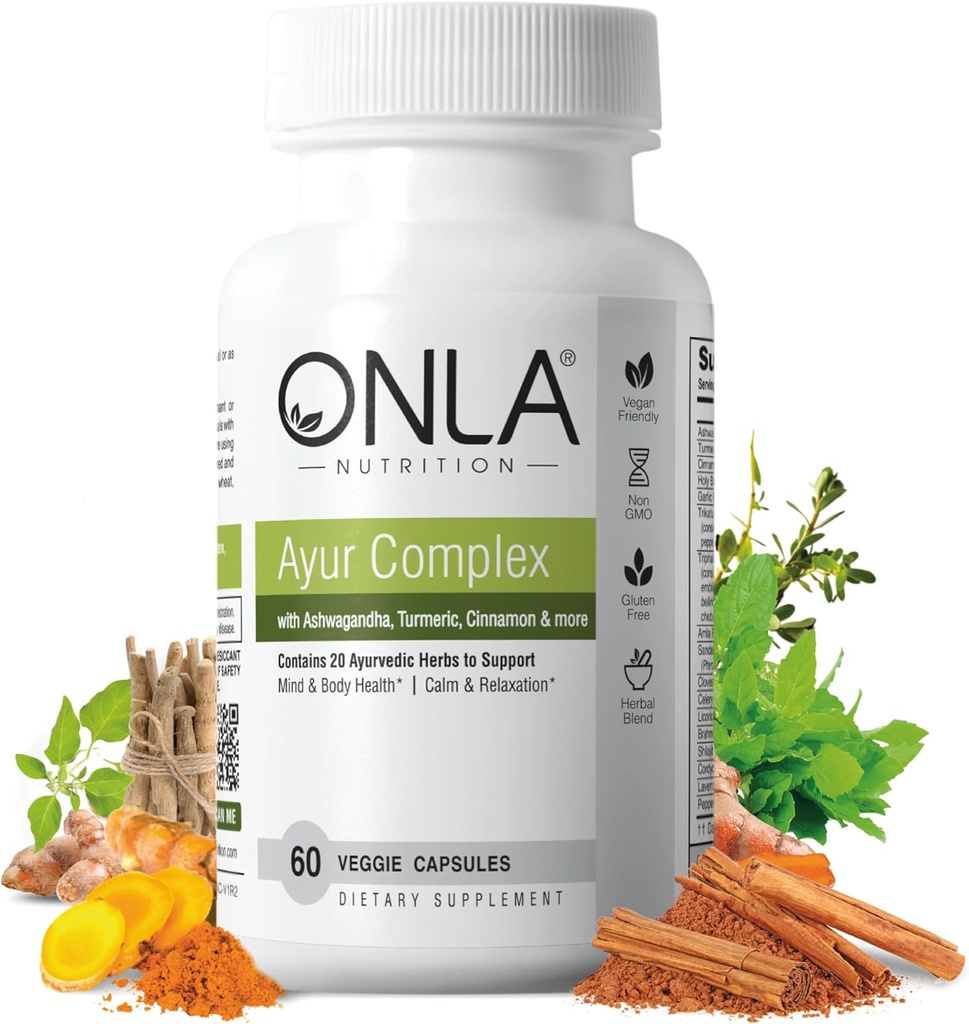 ONLA Vegan Ayurveda 초본 보충 교재 (20-in-1 초본 캡슐) - Ashwagandha, Cinnamon, Triphala, Brahmi - 자연적인 성분, 초본 에너지 보충교재 (60 모자)를 가진 심황 보충교재