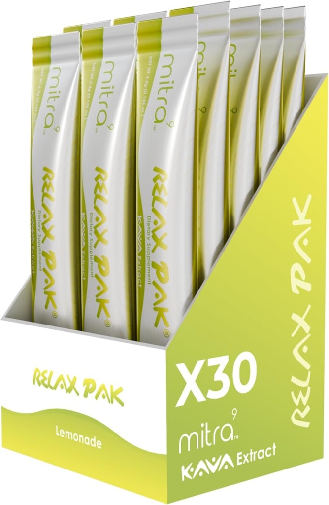 Mitra9 Kava Powder RelaxPak - Lemonade Kava Extract Powder Packets | 무드 익스텐더 | 플랜트 기반 | 천연 Calm 및 Clarity | 간편한 오픈 싱글 슬링 스틱 (30)