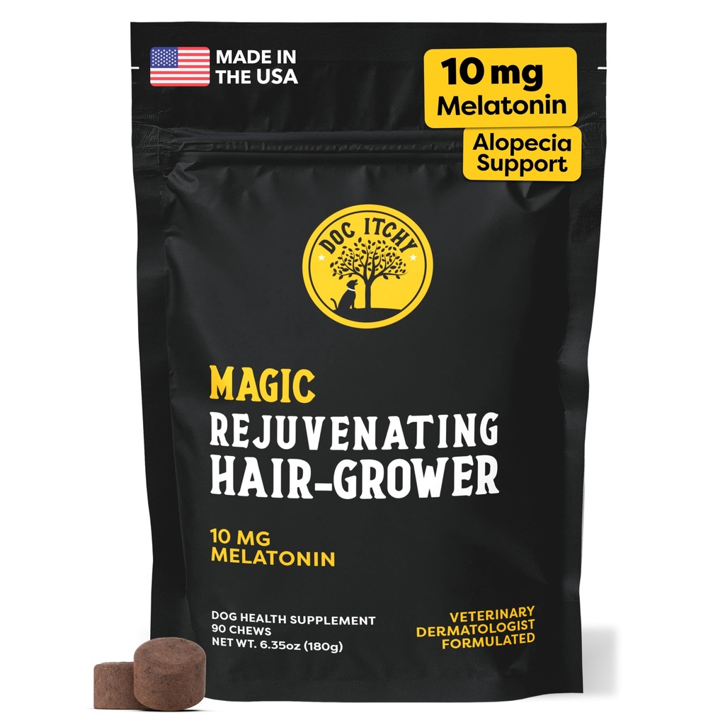 Doc Itchy Rejuvenating Hair-Grower Dog Pet Chews | 10mg Melatonin for Dog | 머리 성장 부스터 | 시니어 개 Energizer | 칼밍 | 의료용 | 식품 알레르기 안전 | Vegan | 90 Count