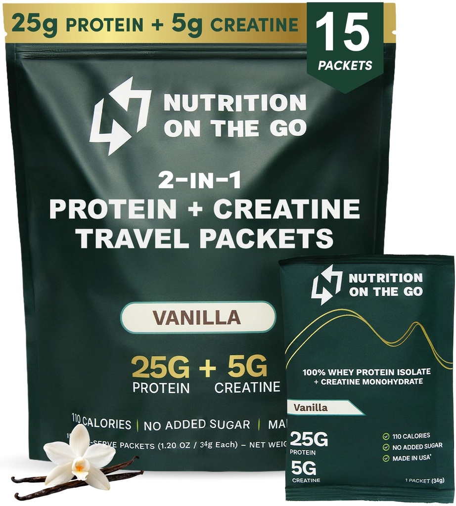 크레아틴을 가진 Go Whey Protein Isolate Packets에 영양 - 25g Protein + 5g Creatine - 단일 공급 여행 단백질 분말 - 바닐라 (15-Pack)