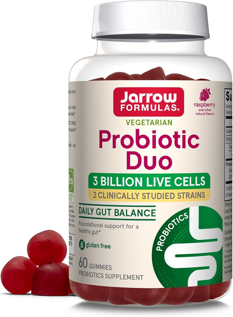 Jarrow Formulas® Probiotic Duo, Immune 건강 및 소화 지원을위한 3 억 라이브 셀 보충, 60 라즈베리 맛 Probiotic Gummies, 30 일 공급
