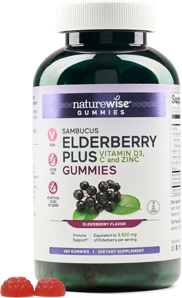 NatureWise Sambucus Elderberry Gummies - 비타민 C, D3, 아연 - Elderberry가 3520mg - Vegan, Non-GMO - 180 Count[90-Day Supply]와 어린이 연령에 대한 면역 지원 보충