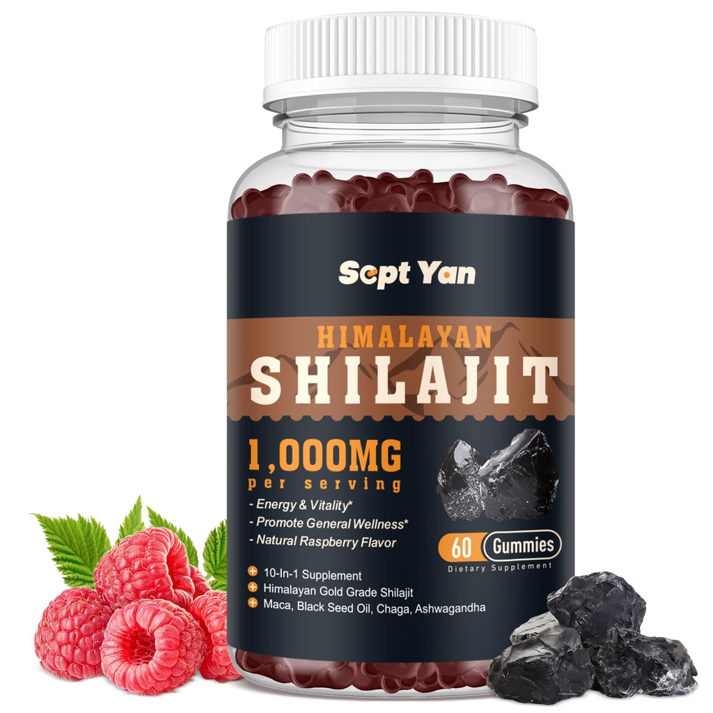 Shilajit Gummies 1000mg - Men & Women 85 + Trace Minerals Shilajit Resin에 대한 Shilajit Pure Himalayan 유기농, Maca, Black Seed Oil - Energy, Brain, Immunity, Sugar Free Raspberry 60ct
