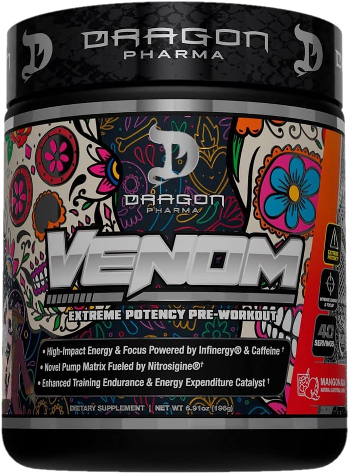 DRAGON PHARMA Venom Extreme Potency Pre-Workout, Laser Sharp Focus + Energy, Intense Performance, 향상된 Vasodilation 및 Endurance (40 서빙, Mangonada)에 대한 입증 된 성분