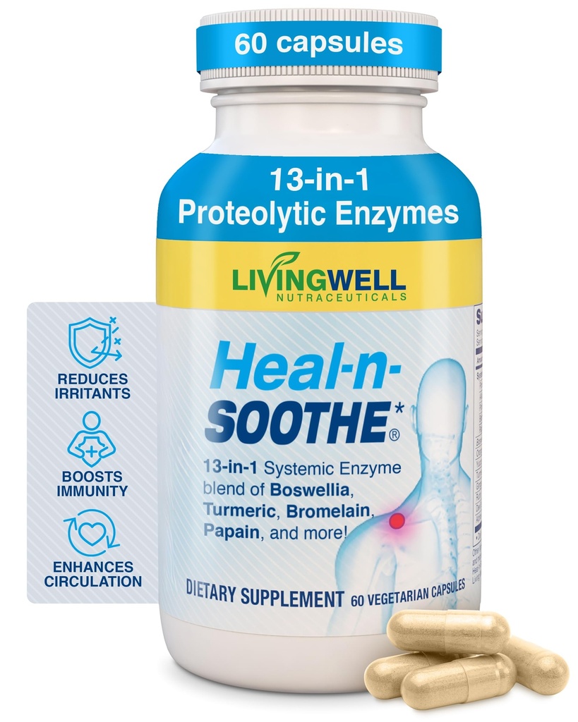 HEAL-N-SOOTHE 합동 지원 보충교재 - Boswellia, Turmeric & Ginger와 더불어 Bromelain & Papain 같이 Proteolytic 효소는 단백질 소화 기능 & 몸 방위 Wellness- 60 조사 (1 팩)를 승진시킵니다