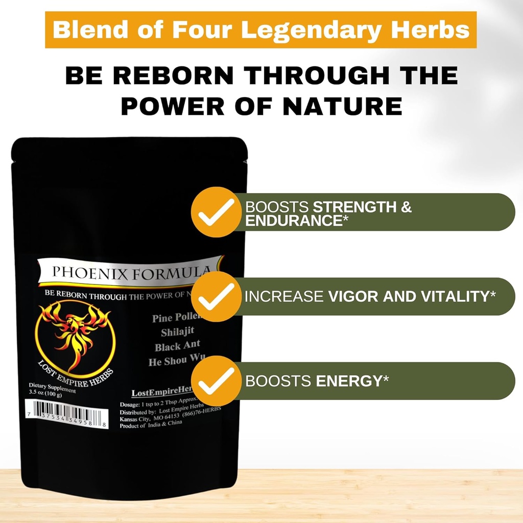 Phoenix Rejuvenation Formula - 4 Top Natural Health Herbs Pine Pollen, He Shou Wu, Ant 및 Shilajit (100g Powder)의 제국 허브 에너지 혼합