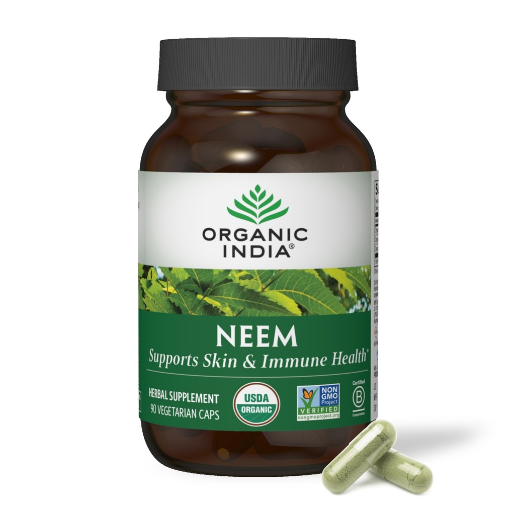 ORGANIC INDIA Neem 리프 캡슐 - 초본 보충, 지원 피부 & 면역 건강, Vegan, 글루텐 무료, USDA 인증 유기 - 90 개